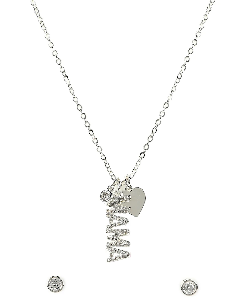Giani Bernini Silver-Tone "Mama" Cubic Zirconia Pendant Necklace and Stud Earrings Set