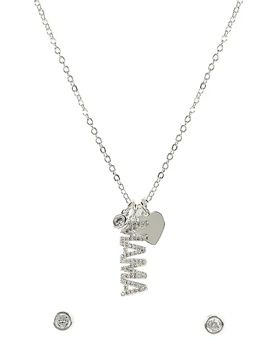 Giani Bernini Silver-Tone "Mama" Cubic Zirconia Pendant Necklace and Stud Earrings Set