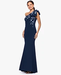Betsy & Adam Women's Long One-Shoulder Bow Embroidered Dress