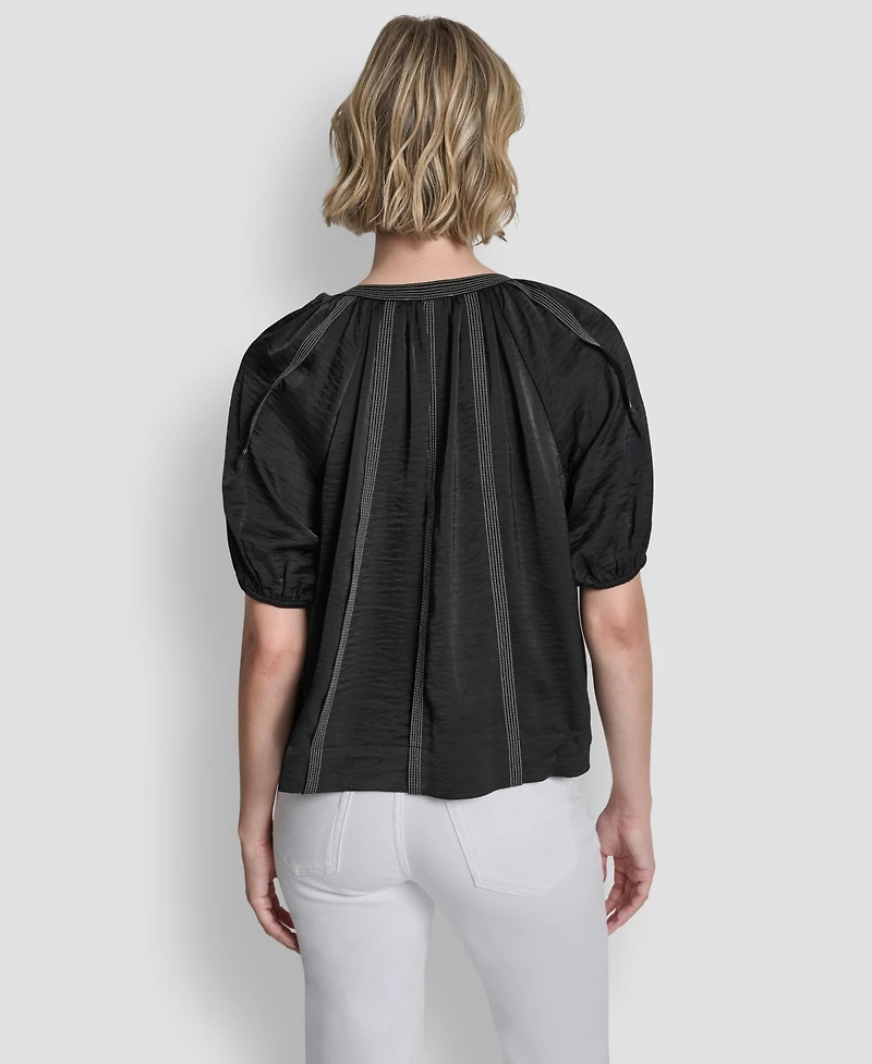 Dkny Women's Puff-Sleeve Top Stitch Tie Front Blouse