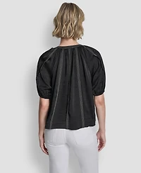 Dkny Women's Puff-Sleeve Top Stitch Tie Front Blouse