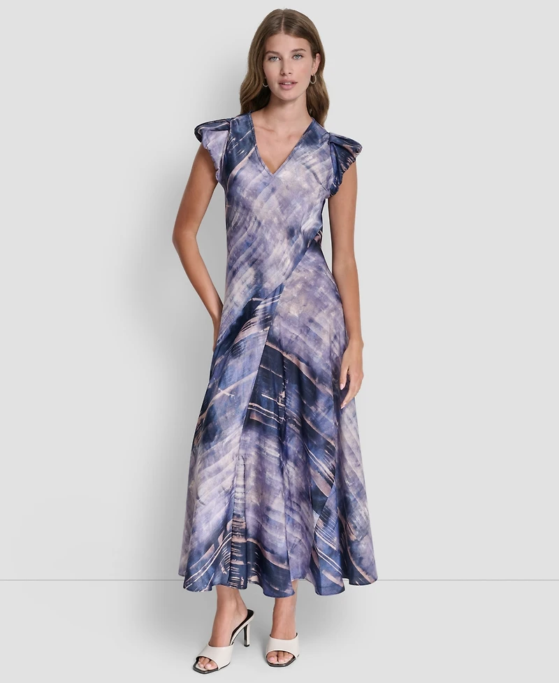 Dkny Women's Puff-Sleeve Printed Satin Bias Cut Dress