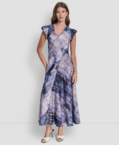Dkny Women's Puff-Sleeve Printed Satin Bias Cut Dress