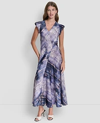 Dkny Women's Puff-Sleeve Printed Satin Bias Cut Dress
