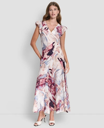 Dkny Women's Puff-Sleeve Printed Satin Bias Cut Dress