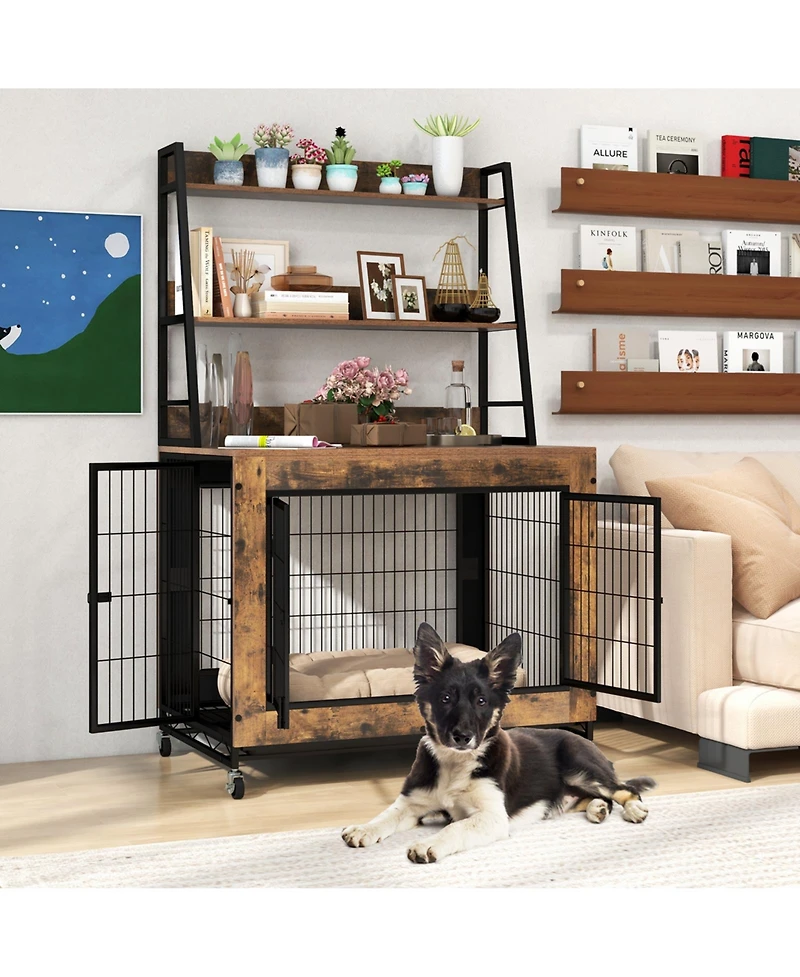 Gymax Dog Crate Furniture w/ Storage Shelves Industrial Dog Kennel w/ Flip-up Top