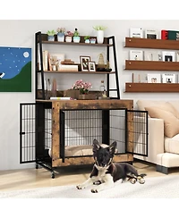 Gymax Dog Crate Furniture w/ Storage Shelves Industrial Dog Kennel w/ Flip-up Top
