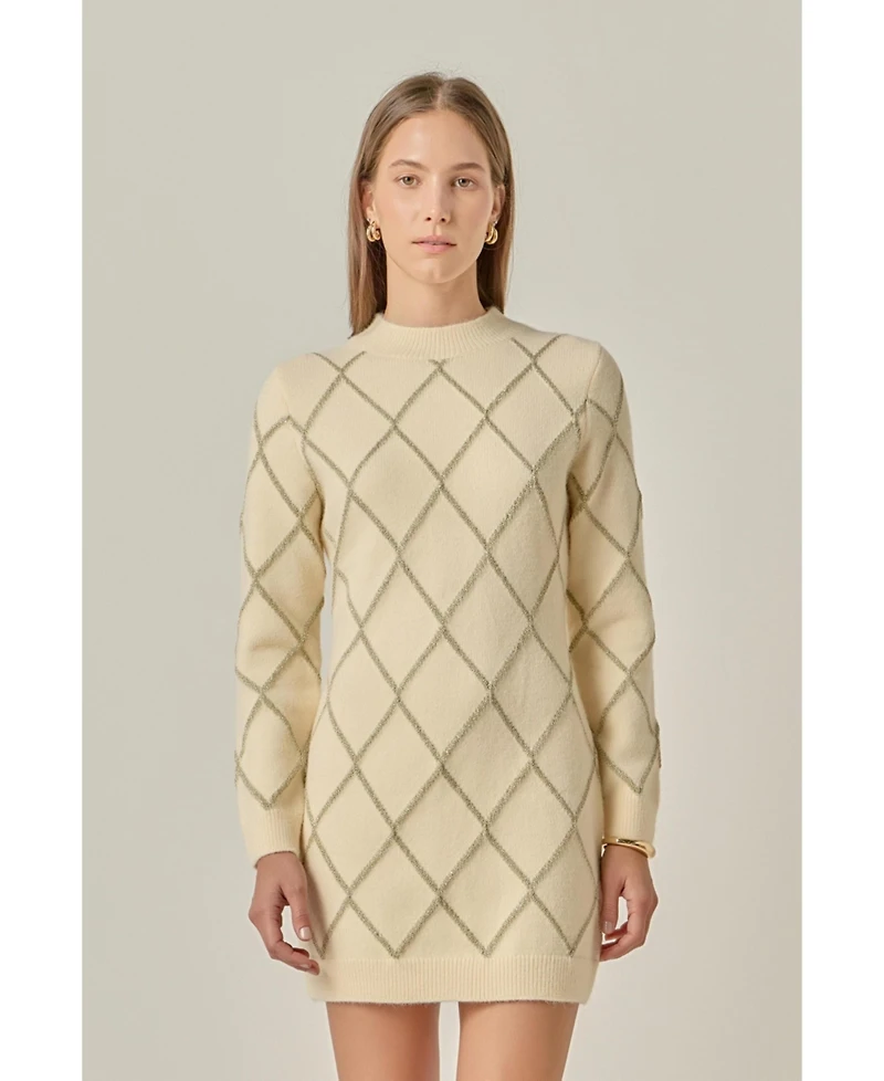 English Factory Women's Knit Dress Featuring a Lurex Argyle Pattern