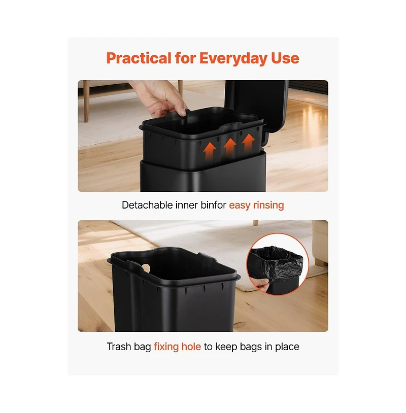 Slickblue Slim 6L Bathroom Trash Can with Step Pedal, Soft-Close Lid & Detachable Bin, Black
