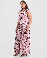 Connected Plus Floral-Print Surplice-Neck Gown