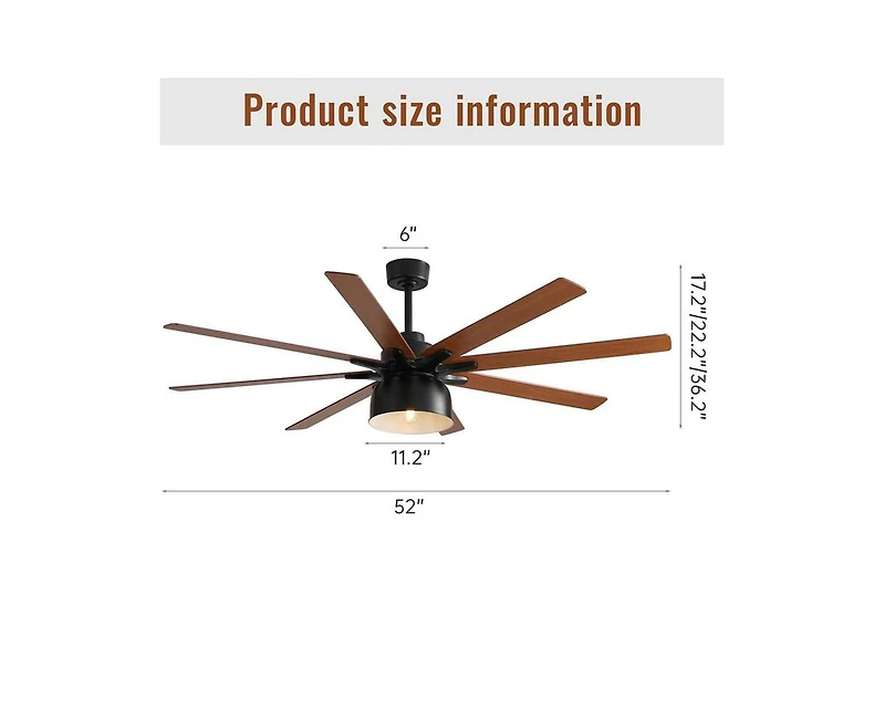 Sofucor 52-inch Modern Black 8-Blade Ceiling Fan with Remote Control and Timing Function