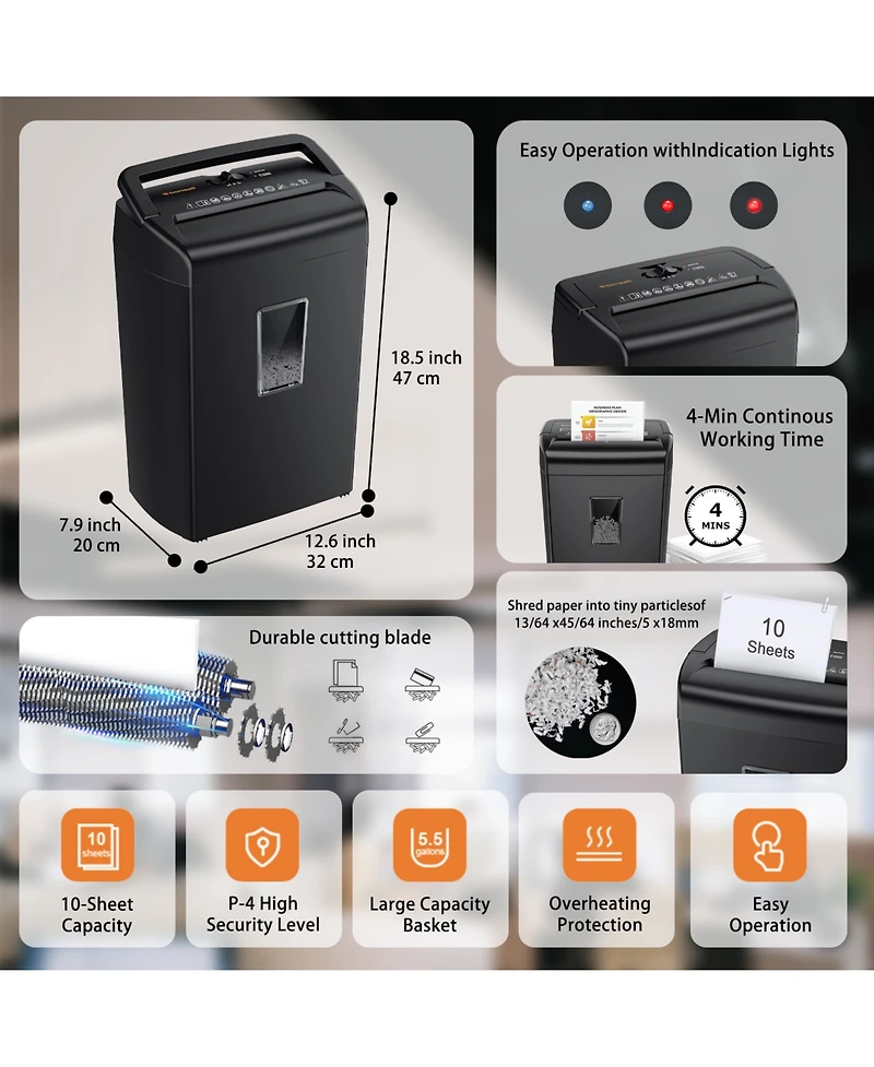 Bonsaii 10-Sheet Cross Cut Paper Shredder, 5.5 Gal Home Office Heavy Duty Shredder for Credit Card, Staple, Clip with Transparent Window