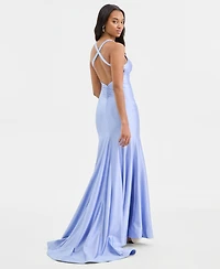 Emerald Sundae Juniors' X-Back High-Slit Gown