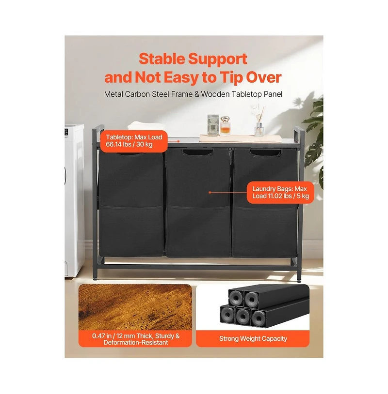 Slickblue Laundry Sorter Cart with 3 Bags, Metal Frame, and Wood Top