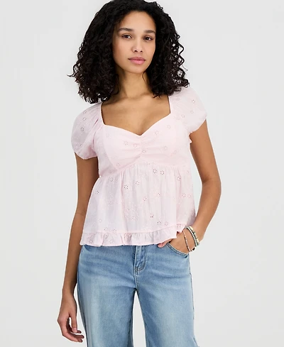 Hippie Rose Juniors' Short-Sleeve Embroidered Sweetheart-Neck Babydoll Top