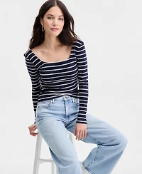 Guess Women's Chrystle Square-Neck Striped Long-Sleeve Top