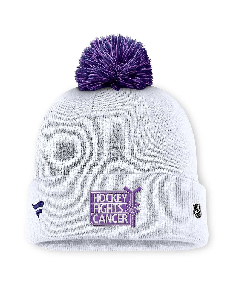 Fanatics Men's White Chicago Blackhawks Authentic Pro Hockey Fights Cancer Cuffed Knit Hat with Pom