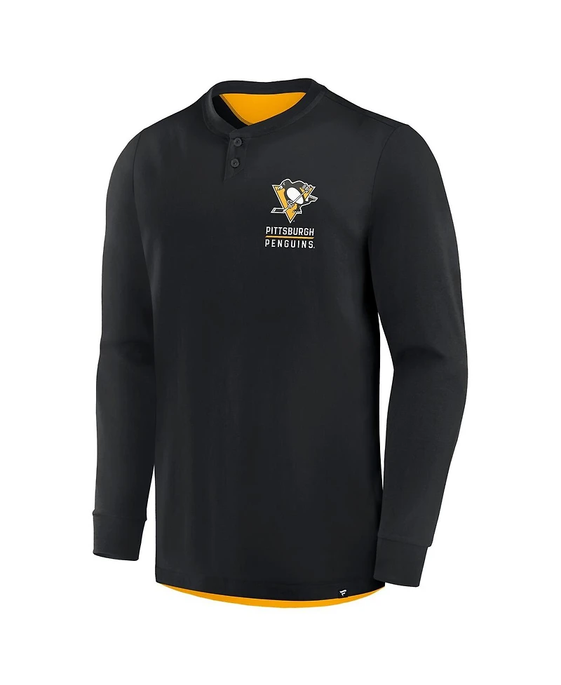Fanatics Men's Black Pittsburgh Penguins Adrenaline Push Long Sleeve Henley Shirt