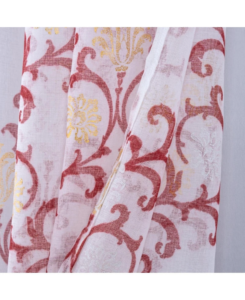 Rt Designers Collection Crown Grommet Metallic Sheer Printed Doily Curtain Panel Pair 36" x 84" Burgundy