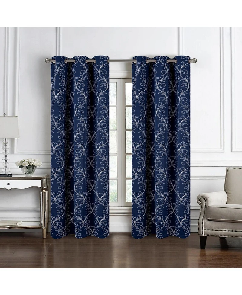 Rt Designer Collection Kimber 2 Pack Embroidered Blackout Luxurious Decorative Grommet Curtain Panel 36" x 84" Navy