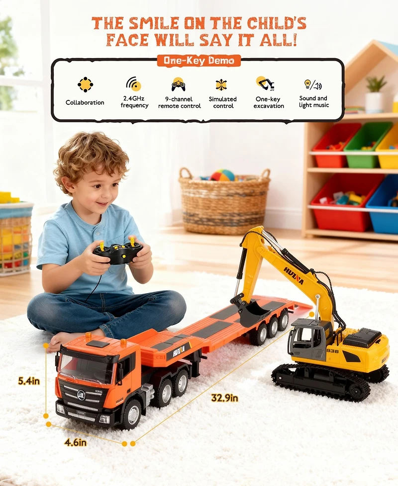 Sugift Rc Semi Truck & Excavator Toy Set, 1:24 Remote Control Construction Vehicles with Lights & Sound