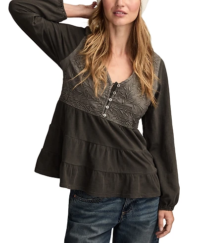 Lucky Brand Women's Embroidered Yoke Tiered Long-Sleeve Top