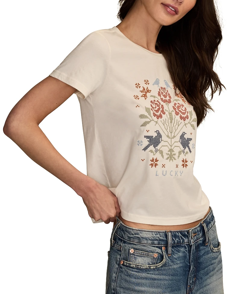 Lucky Brand Women's Cross Stitch Floral Crewneck T-Shirt