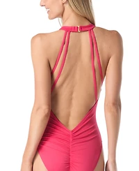 Vince Camuto Women's Printed Shirred Plunge One-Piece Swimsuit