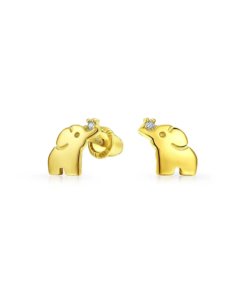 Bling Jewelry Set of 2 Tiny Minimalist Cz Accent Lucky Elephant & Round Solitaire Cz Yellow 14K Gold Stud Earrings Screw back