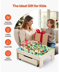 Mecale 3-in-1 Wooden Train Activity Table with 100 Pcs and Rolling Drawer