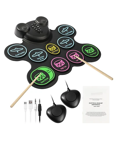 Mecale 9-Pad Roll-Up Electric Drum Set with Pedals, Speakers and Midi Support