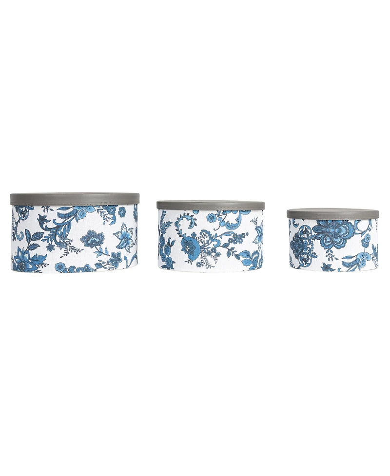 Household Essentials Floral Nestable Hat Boxes with Lids, Cream and Blue, Set of 3