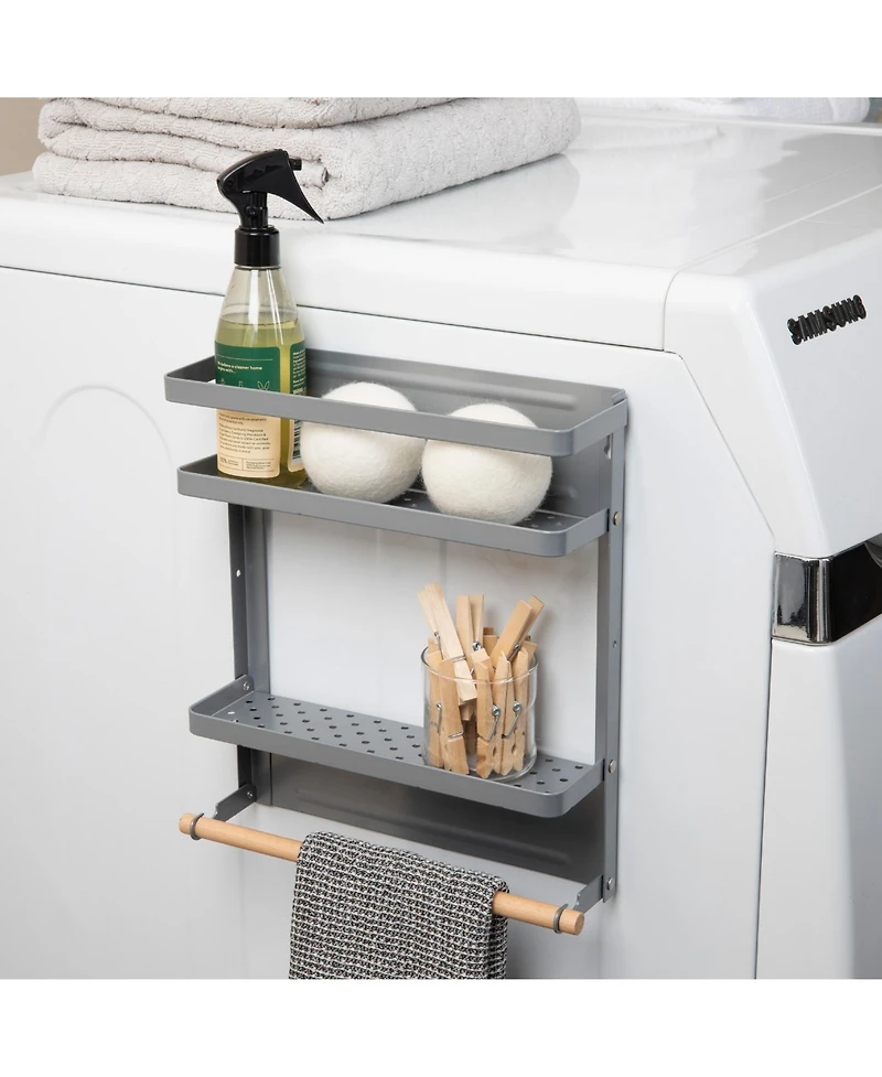 Household Essentials Grey Metal Magnetic Organizer with Towel Rack, Wall-Mount Storage Shelf