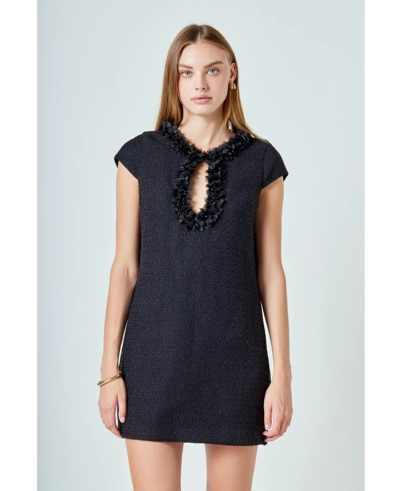 endless rose Women's Tweed Shift Dress with Floral Trim