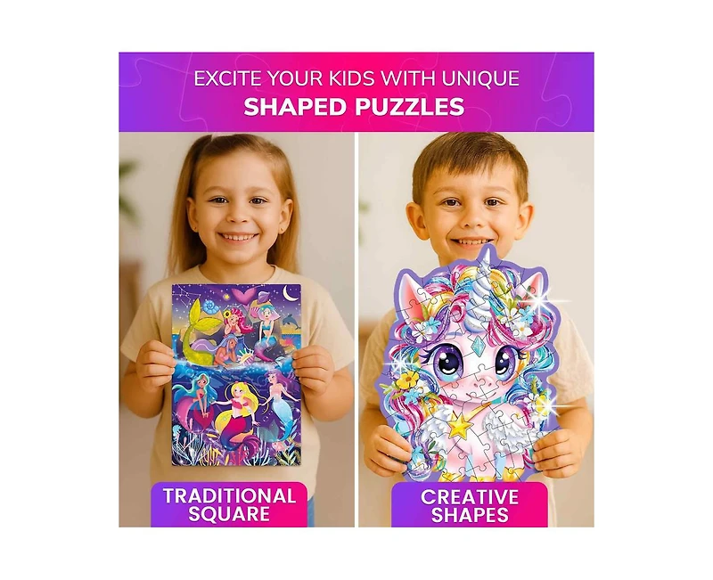 Quokka Shimmer Puzzles for Kids – 4-Pack Dragon, Rocket, Firetruck & Dinosaur Children's Game