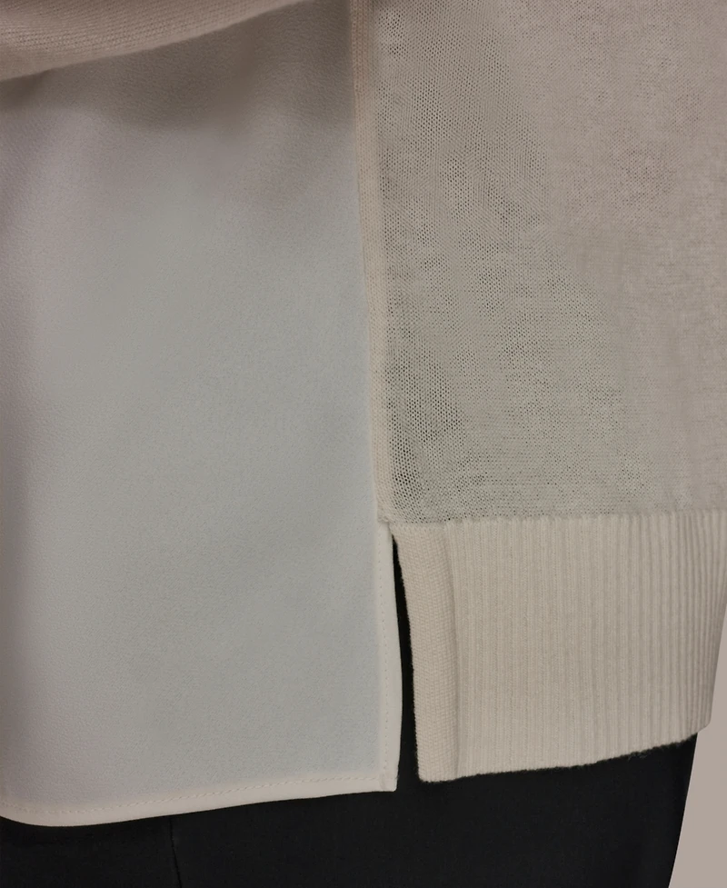 Donna Karan New York Women's Long-Sleeve Mix Media Cowl Front Top