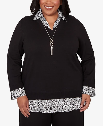 Alfred Dunner Plus Seville Print Woven Two One Sweater with Necklace