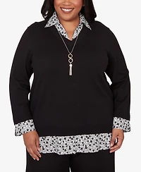 Alfred Dunner Plus Seville Print Woven Two One Sweater with Necklace