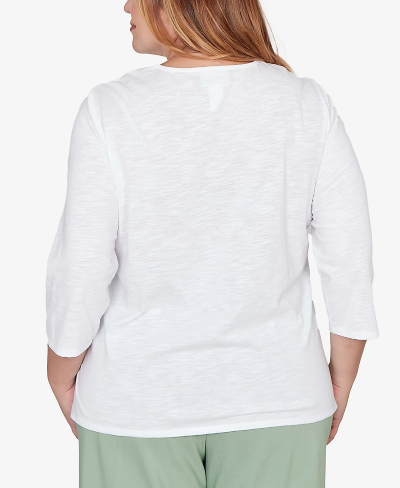 Alfred Dunner Plus St. Augustine Blooming Floral Embroidered Split Neck Top