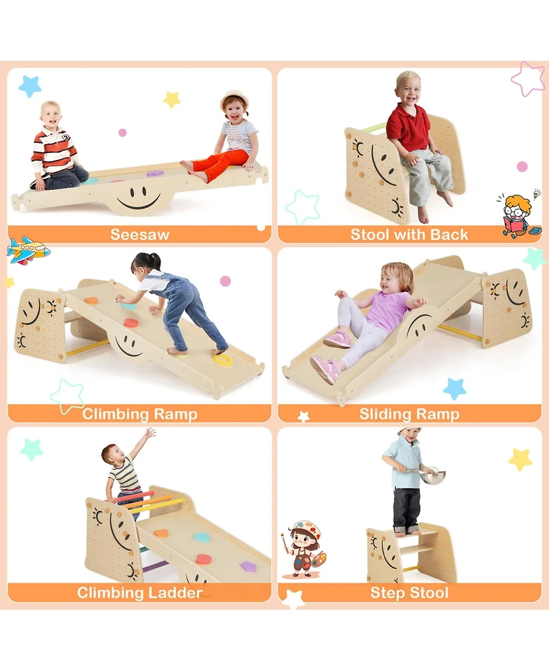 Sugift Wooden Climbing Toy Triangle Climber Set with Seesaw-Multicolor