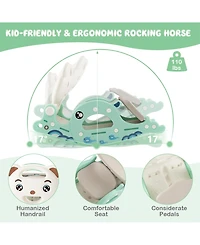 Sugift 4-in-1 Kids Slide Rocking Horse with Basketball and Ring Toss-Green