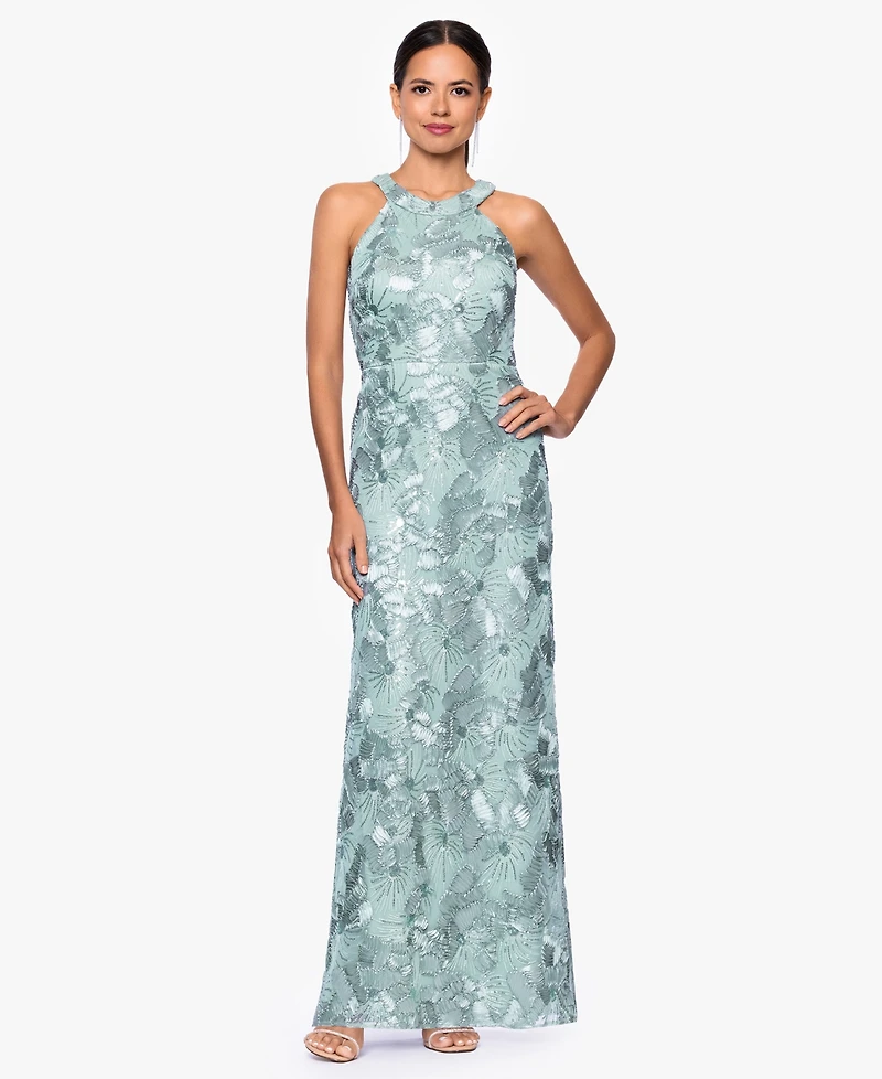 Betsy & Adam Petite Sleeveless Floral Sequin Sheath Gown