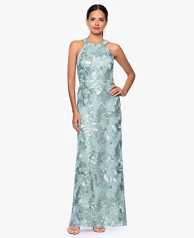 Betsy & Adam Petite Sleeveless Floral Sequin Sheath Gown