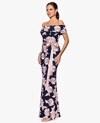 Betsy & Adam Petite Printed Off-The-Shoulder Gown