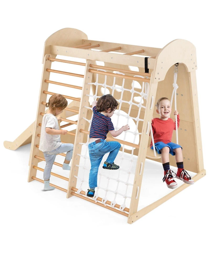 Skonyon 8-in-1 Indoor Wooden Jungle Gym Playground with Swing and Climbing Wall – Natural