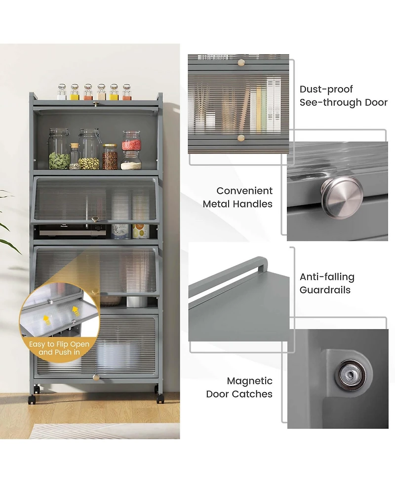 5-Tier Kitchen Baker's Rack Storage Cabinet Mobile Microwave Stand Flip-up Doors