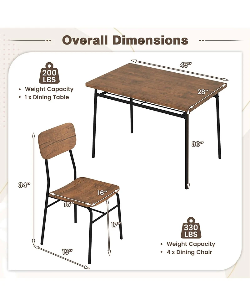 Costway 5 Pcs Wood Square Kitchen Table & Chair Set with Metal Frame Storage Rack