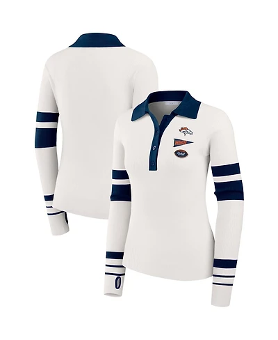 Wear by Erin Andrews Women's White Denver Broncos Ribbed Henley Polo Sweater