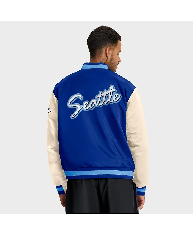 Nike Men's Royal/Cream Seattle Seahawks Rewind Legacy Full-Snap Bomber Jacket