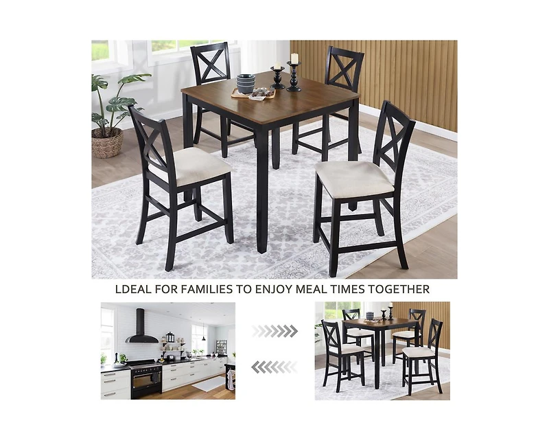 Casainc 5-Piece Classic Counter Height Wood Dining Set with 4 Chairs in Black and Oak Tones